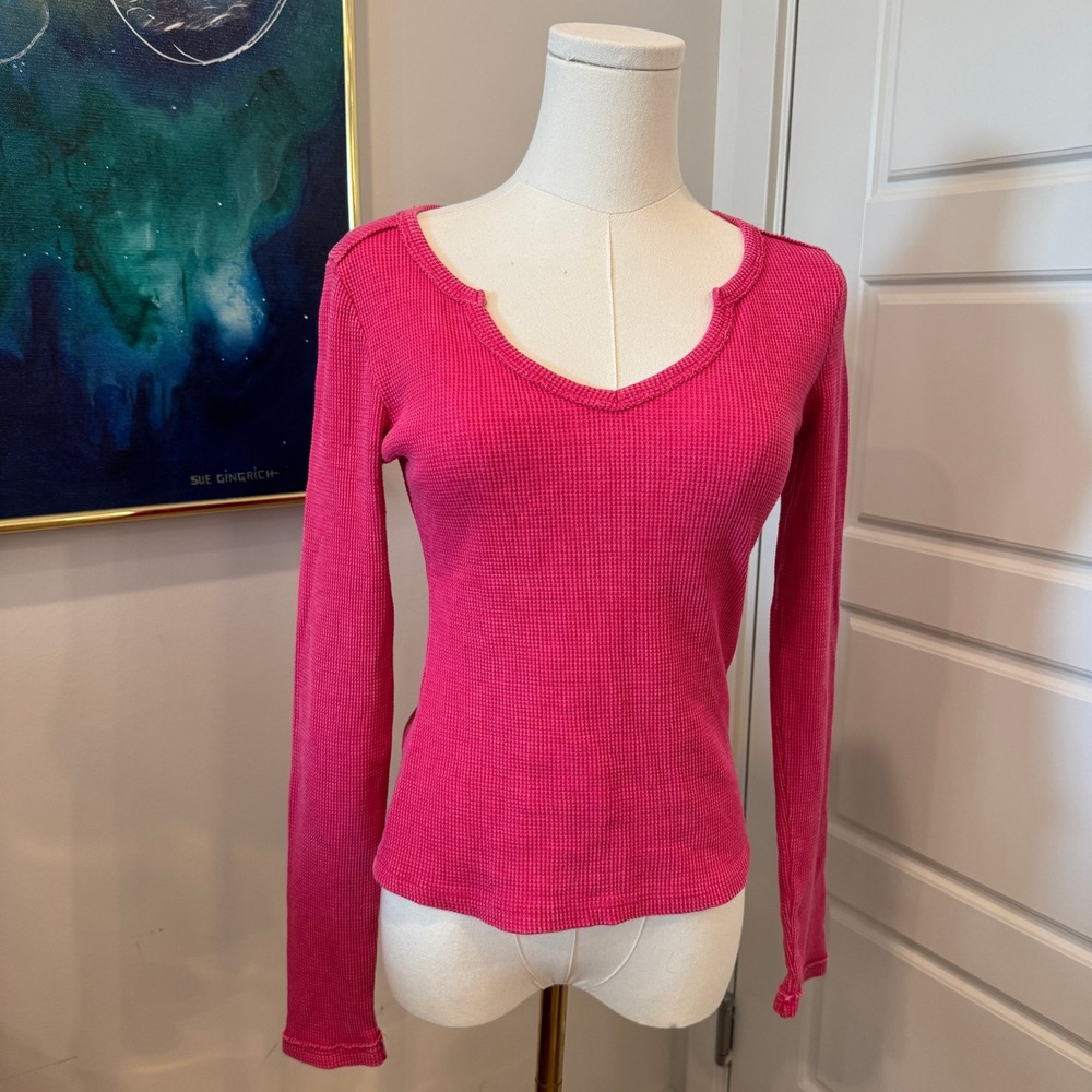 Pilcro Pink Waffle Knit Thermal Notched Scoop Neck Long Sleeve Top XS